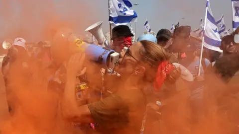 Getty Images A demonstration ahead of a speech given by Prime Minister Benjamin Netanyahu's in Petah Tikva