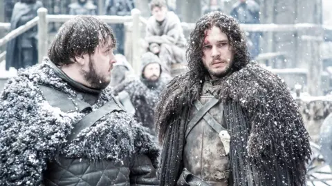 Sky handout Actors Kit Harrington and John Bradley in international TV hit series Game of Thrones