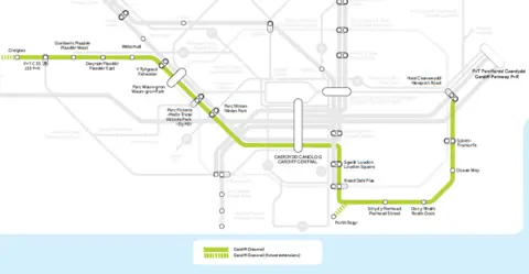 Transport for Wales/Cardiff Council A map shows the route of Cardiff's proposed Crossrail 