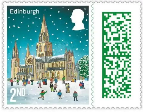 Royal Mail An illustrated version of St Mary's Episcopal Cathedral in Edinburgh on a 2nd class stamp. The stone church is lit up in the snow with children playing in front of it. The church has a number of spires 