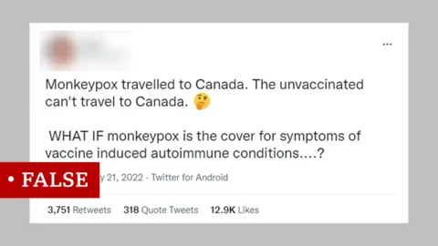Twitter tweet reading: "Monkeypox travelled to Canada. The unvaccinated can't travel to Canada. WHAT IF monkeypox is the cover for symptoms of vaccine induced autoimmune conditions....?"