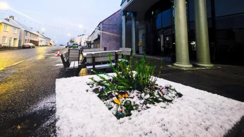 Aisling Kelly The picture shows snow on a flower bed in the square of the village of Carrickmore in County Tyrone.