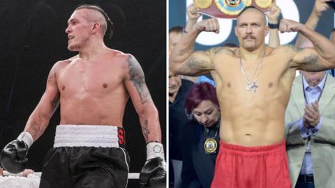 Side by side of Oleksandr Usyk at cruiserweight and at heavyweight, showing change in size and muscle