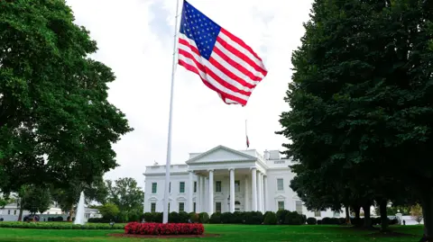 The American flag flies at half-mast on the north lawn of the White House. The building is in the neoclassical style, with a row of four large white columns supporting a covered entrance. Between the flag and the house there is a stretch of well-groomed grass.