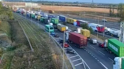 National Highways Queuing vehicles on the A14 in Cambridgeshire