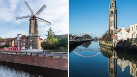 Getty Images Composite image showing Maud Foster Windmill and Boston Stump