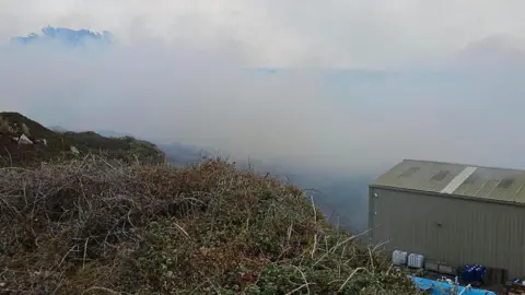 Smoke near a desalination plant in Jersey. The smoke is coming from a fire in a neighbouring field. It appears to be quite thick and covering the view beyond it. A corrugated iron building is in the foreground. 
