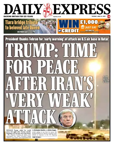 "Trump: Time for peace after Iran's 'very weak' attack" reads the headline on the front page of the Daily Express.