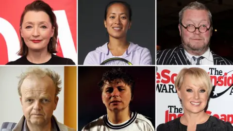 Getty Images, BBC (Clockwise from the top left): Lesley Manville, Anne Keothavong, Ferguson Henderson, Gillian Coultard, Sally Dynevor, Toby Jones