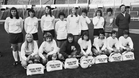 Getty Images The team Lynda Hale (back left), Morag Kirkland, Julia Manning, Paddy McGroarty (back, fourth left), Wendy Owen, Sheila Parker (back, fourth right), Jean Wilson, Sue Whyatt (back, second right) Jeannie Allott (front, left), Janet Bagguley, Sue Buckett (front, third left), Pat Davies, Eileen Foreman, Sylvia Gore and Sandra Graham.