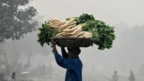 Getty A merchant carries a bucket of radishes in Lahore 