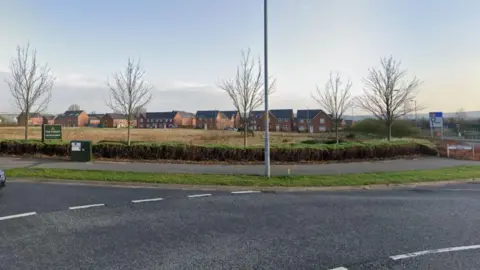 Google Maps Land off Sir Isaac Newton Way in Rochdale showing five trees and a housing development in the background