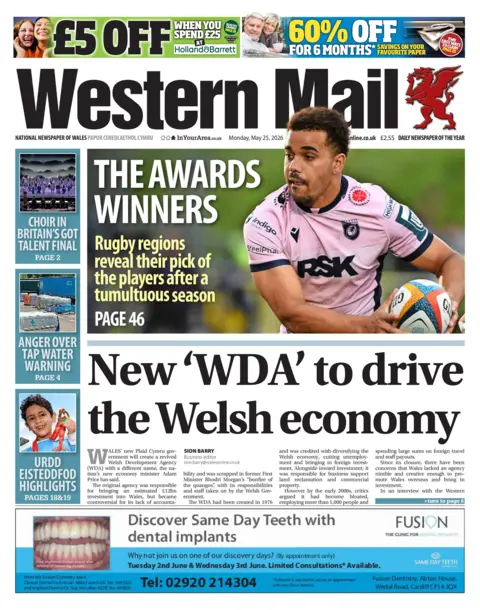 western mail Front page of the western mail has a picture of a rugby player on the pitch above the main story under the head line New WDA to drive Welsh economy