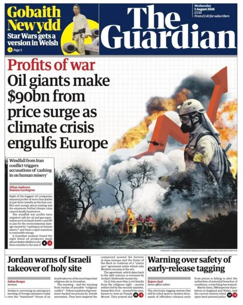 BBC "Oil giants make $90b from price surge as climate crisis engulfs Europe" reads the headline on the front page of the Guardian.