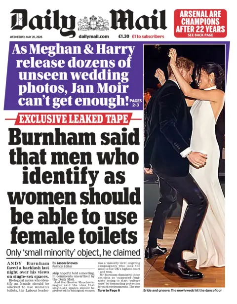 "Burnham said that men who identify as women should be able to use female toilets," the headline on the front page of the Daily Mail reads.