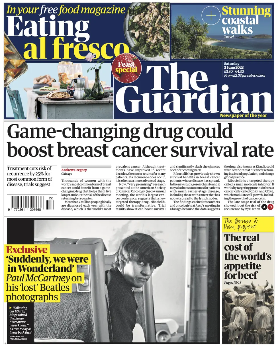 The front page of Saturday's Guardian