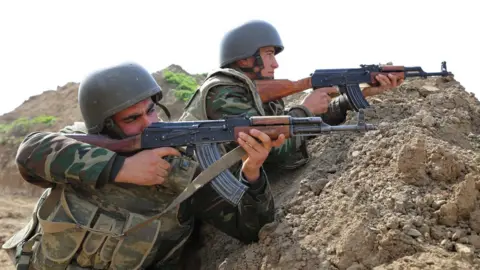 Getty Images File photo of Azerbaijan soldiers in position in the Tartar region in 2016