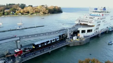 BBC new train arriving by ferry at Fishbourne 19.11.20