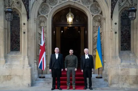 PA Media Speaker of the House of Commons, Sir Lindsay Hoyle and Speaker of the House of Lords Lord McFall, welcoming Ukrainian President Volodymyr Zelensky to Westminster Hall