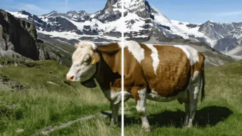 Google DeepMind two images of a cow, on the right it has the watermark on the left there is no watermark, but it's imperceptible to human eye