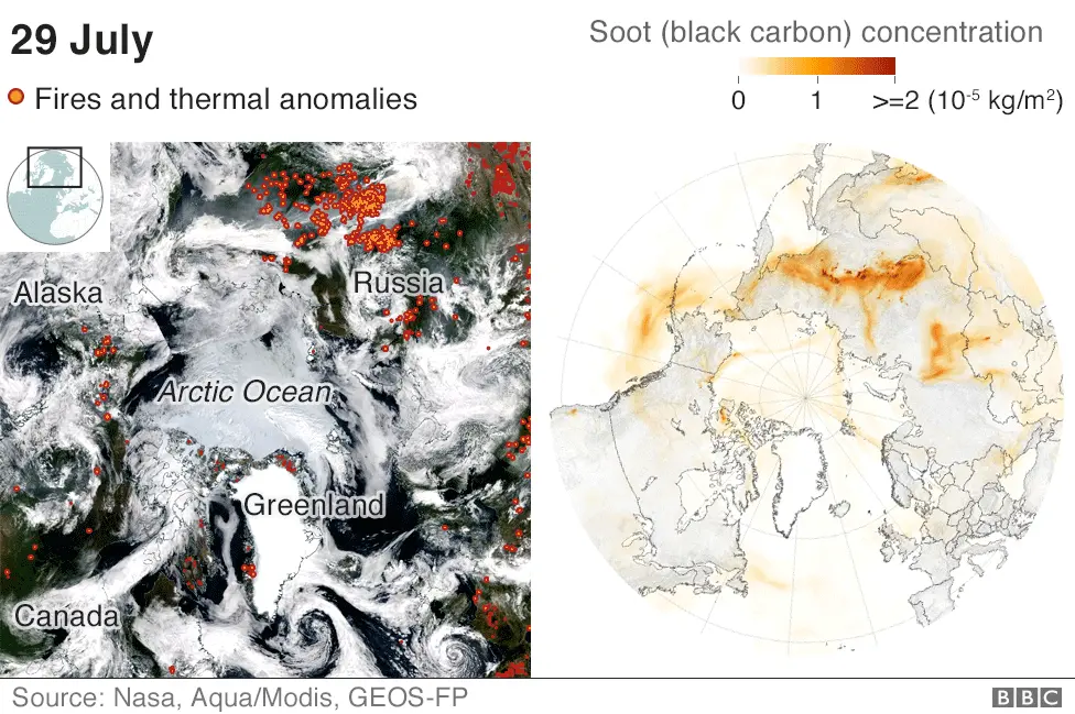 BBC Maps showing soot from the fires travelling across the Arctic