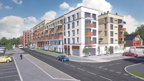 A computer-generated image of a new health hub planned for Bordon, which is a five-storey building, with apartments - which make up the top three storeys - which mostly have balconies. Cars are driving along a quiet road outside the centre 