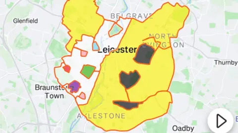 A screengrab of Rebecca Laurel's ride around Leicester city which forms the shape of the yellow Pudsey Bear with a white spotted bandage over one eye.