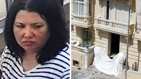 A woman with dark hair and a serious expression is seen in a composite image with the crime scene which is covered by a white blanket