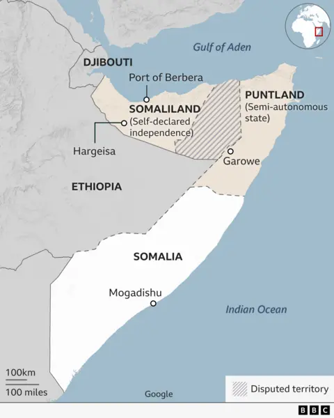 Map of Somalia showing the Semi-autonomous state of Puntland and its capital Garowe as well as Somaliland, self-declared independent, its capital Hargeisa and the Port of Berbera. The map also shows the disputed territory between Somaliland and Puntland, and the capital of Somalia, Mogadishu.