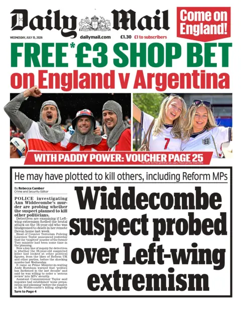 "Widdecombe suspect probed over left-wing extremism," reads the headline on the front page of the Daily Mail. 