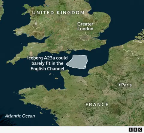 Size comparison between A23a and the English Channel