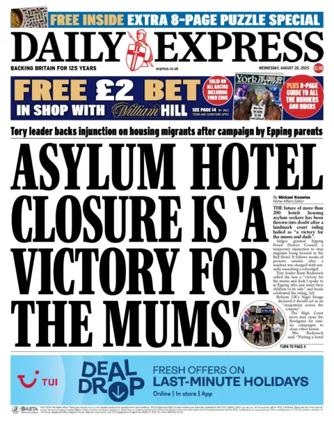 "Asylum hotel closure is 'a victory for the mums'," reads the headline on the front page of the Daily Express.