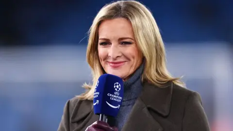 Getty Images Gabby Logan working as a presenter for Amazon Prime during the UEFA Champions League 2024/25 League Phase MD5 match between Manchester City and Feyenoord at City of Manchester Stadium on November 26, 2024 in Manchester, England