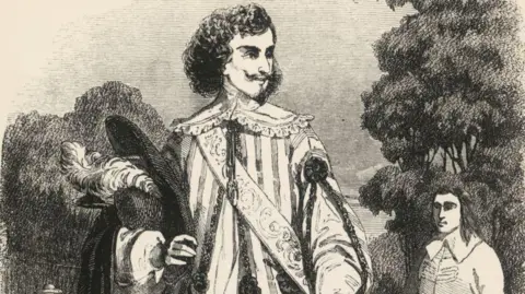 DeAgostini/ Getty Images A black-and-white illustration of D'Artagnan from an 1849 edition of the Three Musketeers by Alexandre Dumas 