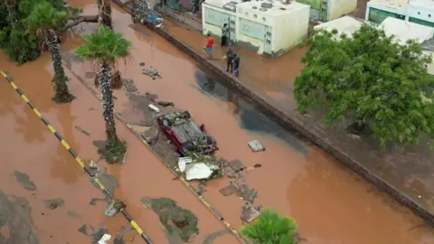 Reuters Brown flood waters with an overturned car in the middle of it. There are a couple of green trees and some white coloured buildings on the side.