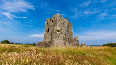 A large stone castle tower in among long grass with a blue sky above