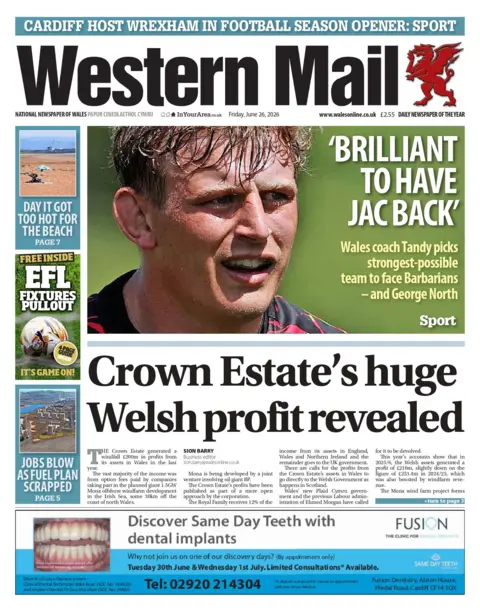 Western Mail The front page of Western Mail: Crown Estate's huge Welsh profit revealed