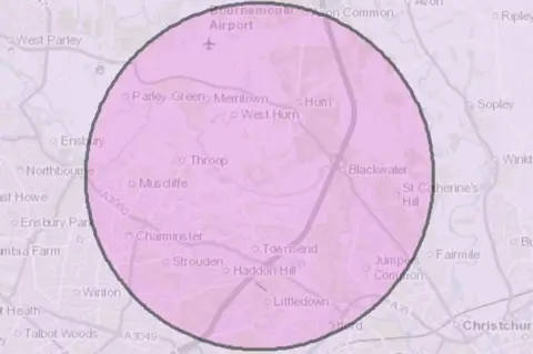 DEFRA Map in pale purple with area circled in darker purple showing a controlled zone after an outbreak of bird flu.