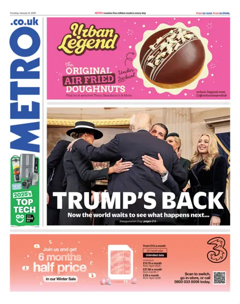 The headline in the metro reads: "Trump's return", 