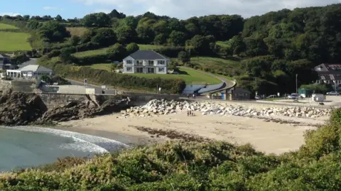 A picture of a golden beach with the sea waves rolling in on it. There is grass and trees surrounding the area.