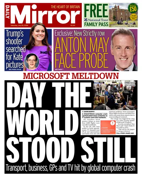 The headline in the Mirror reads: "Microsoft meltdown: Day the world stood still". 