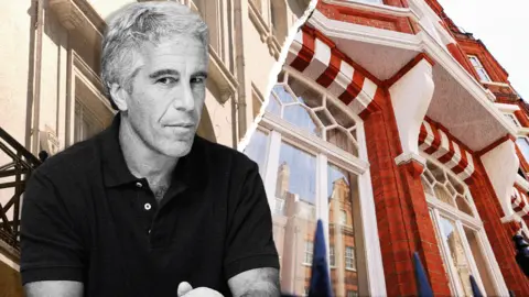 A composite image with a monochrome image of Jeffrey Epstein on the left-hand side, wearing a dark polo shirt and looking sidelong at the camera, while behind him are images of two London flats, one showing the facade of a red-brick Edwardian mansion flat and the other showing the windows of white stucco building.