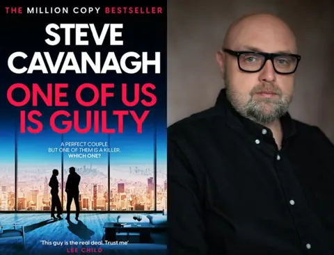 Bloomsbury Circus One Of Us Is Guilty book cover (a silhouette of two people standing at a window on top of a large tower block with a city scape in the background) next to an image of Steve Cavanagh, who is a wearing thick rimmed glasses and a dark shirt.