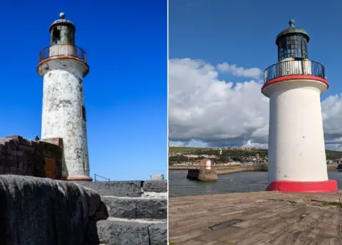 BBC/Michael Lishman A composite image featuring a lighthouse at Whitehaven Harbour before its restoration in 2022. White and red paint is peeling off the structure, with rust coming off a platform with railings half way up the building. Next to it is the restored lighthouse pictured in 2023, with bright white and red paint and repaired features. There is still a small patch of rust at the top by the railings.