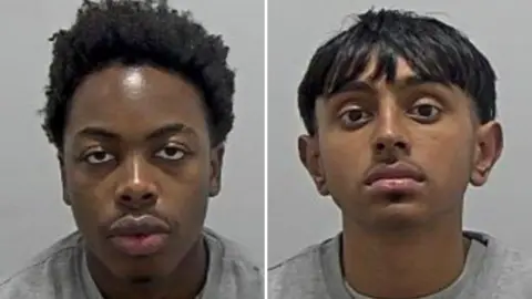 Bedfordshire Police A composite image of Bennett Ndenkeh and Riaz Miah, who are both wearing grey sweaters in police custody.