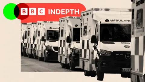 An image of queuing ambulances