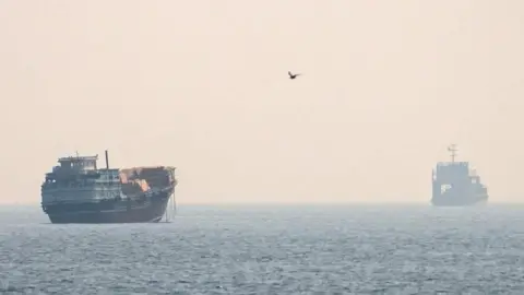 Vessels at the Strait of Hormuz, as seen from Musandam, Oman.