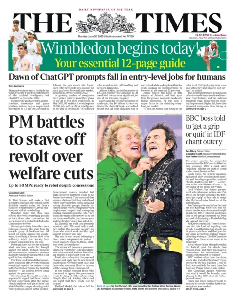 "PM battles to stave off revolt over welfare cuts" reads the headline on the front page of The Times.