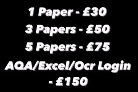 Instagram A screenshot of an Instagram account claiming to sell leaked exams. It is selling one paper for £30, three papers for £50, five papers for £75 and login details for £150.