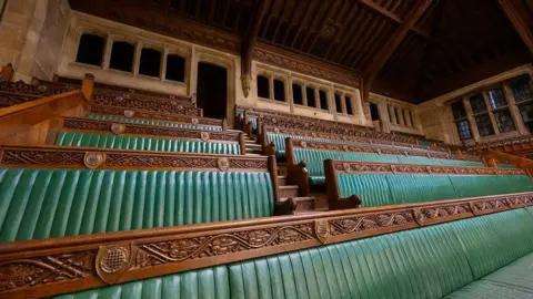 House of Commons A series of green benches with ornate wooden panelling